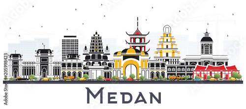 Medan Indonesia City Skyline with Color Buildings Isolated on White.