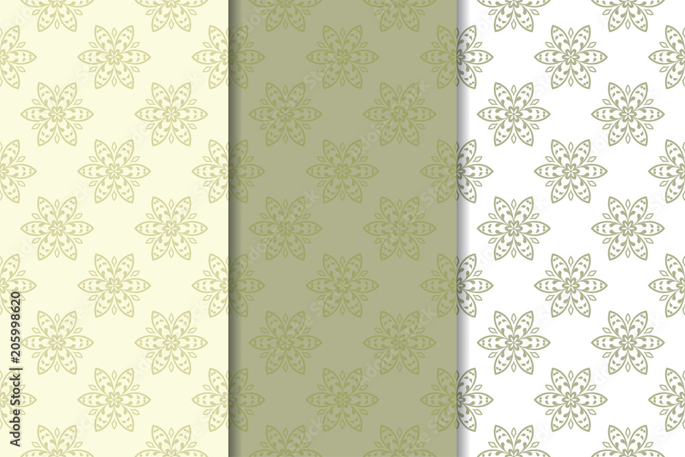 Set of pale olive green floral backgrounds. Seamless patterns