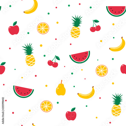 Fruit seamless pattern. Summer exotic juicy watermelon, banana, apple, orange citrus, cherry, pineaple. Fabric textile modern trendy design. Vector illustration. White background