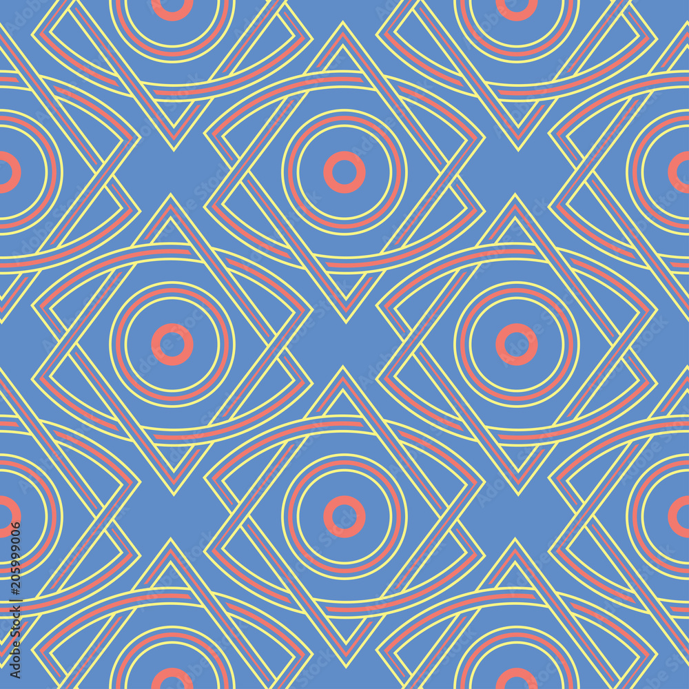 Geometric blue seamless pattern. Multi colored background with red and yellow design