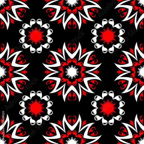 Floral seamless pattern. Black red white background