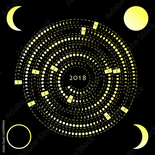 Lunar phase calendar on a dark background. Moon calendar 2018