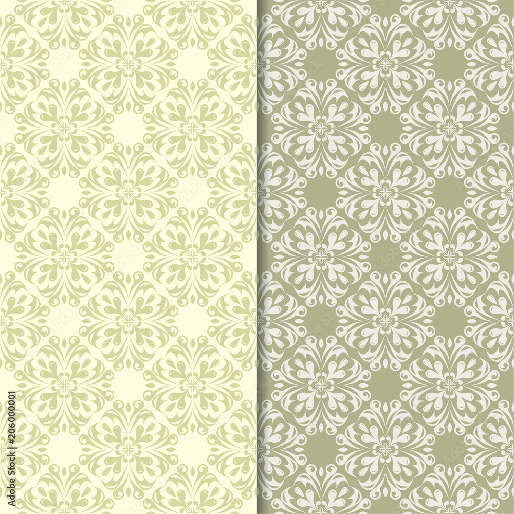 Olive green floral designs. Set of seamless patterns Olive green floral designs. Set of seamless patterns
