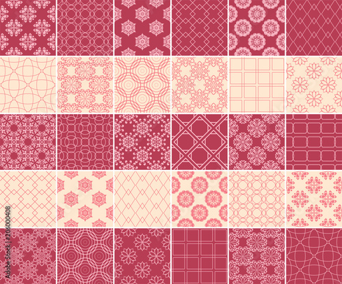 Geometric and floral collection of seamless patterns. Cherry red and beige backgrounds