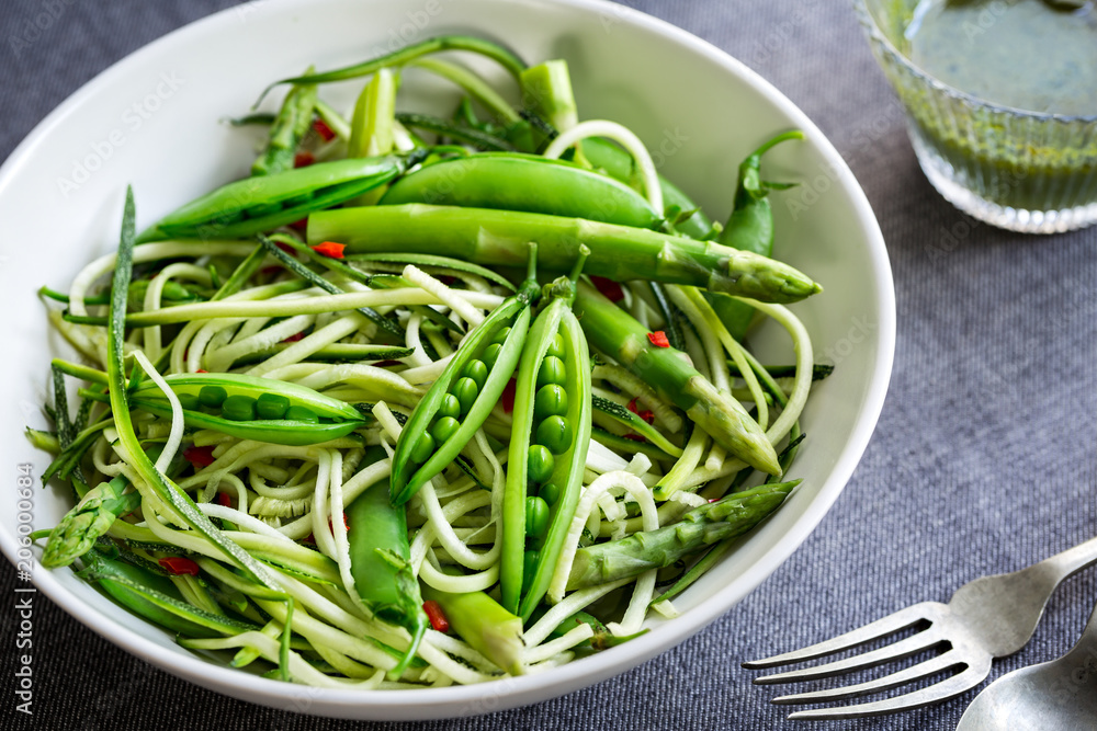Zucchini Zoodles with Asparagus, Green Peas Salad with Basil dressing Zucchini Zoodles with Asparagus, Green Peas Salad with Basil dressing