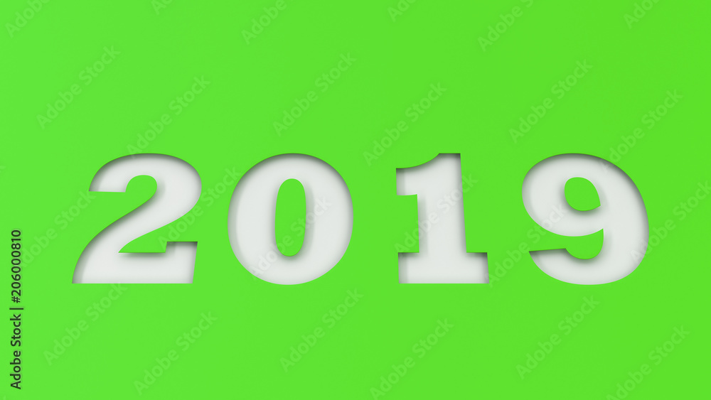 White 2019 number cut in green paper White 2019 number cut in green paper
