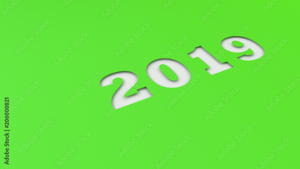 White 2019 number cut in green paper White 2019 number cut in green paper