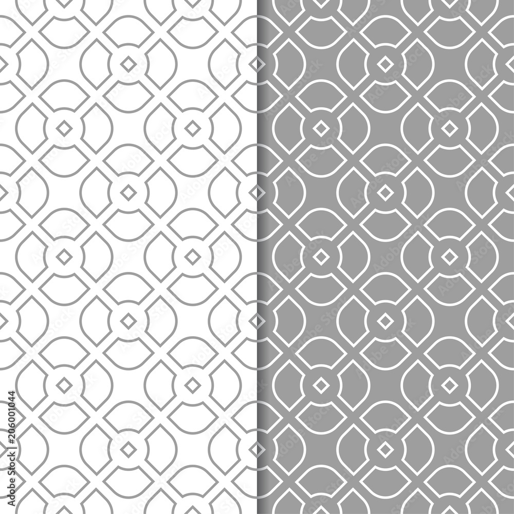 Gray and white geometric set of seamless patterns