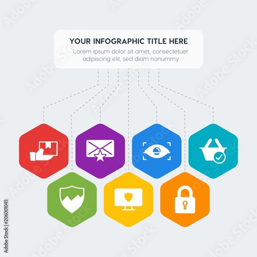 Flat geometric security, email, shopping infographic steps template with 7 options for presentations, advertising, annual reports