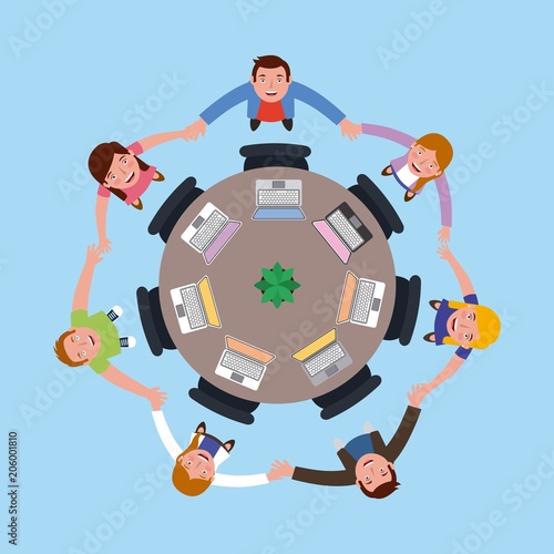 people designers meeting holading hands on the round table in top view vector illustration vector illustration