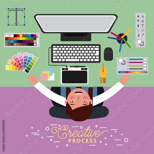 woman graphic designer working creative process on computer vector illustration