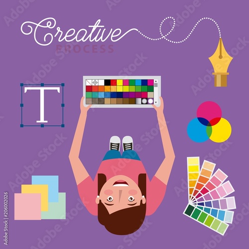 young woman designer holding pantone swatch colors creative process top view vector illustration