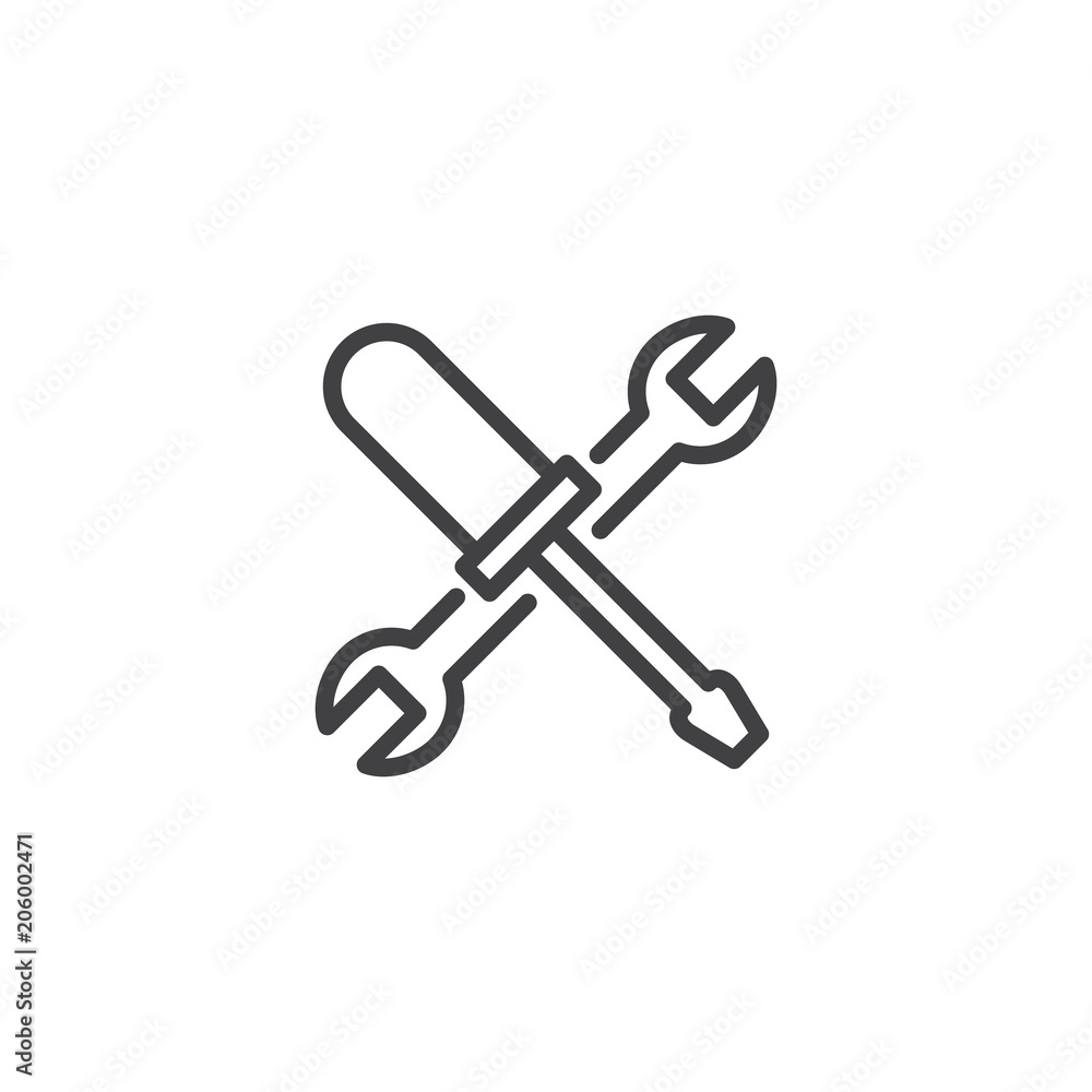 Screwdriver and wrench outline icon. linear style sign for mobile concept and web design. Settings simple line vector icon. Service symbol, logo illustration. Pixel perfect vector graphics Screwdriver and wrench outline icon. linear style sign for mobile concept and web design. Settings simple line vector icon. Service symbol, logo illustration. Pixel perfect vector graphics