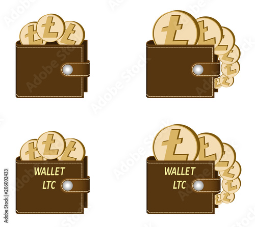 set of brown wallets with litecoin coins