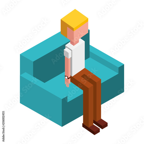 man character sitting on sofa isometric vector illustration © Gstudio