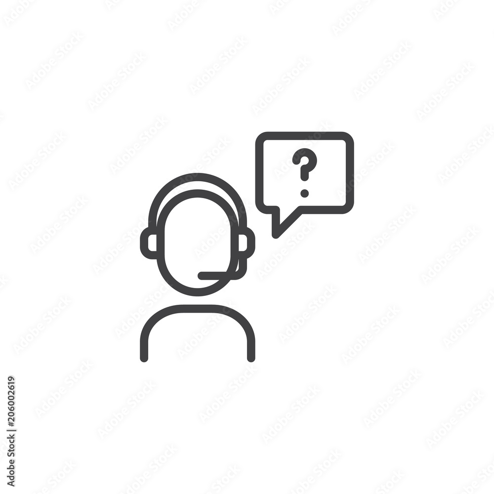 Call center operator with question speech outline icon. linear style sign for mobile concept and web design. Customer support simple line vector icon. Symbol, logo illustration. Vector graphics Call center operator with question speech outline icon. linear style sign for mobile concept and web design. Customer support simple line vector icon. Symbol, logo illustration. Vector graphics