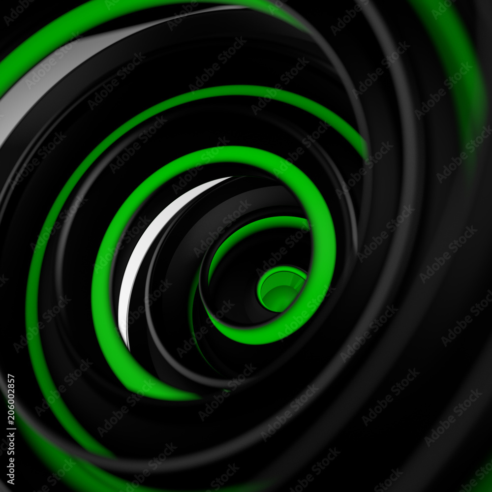 Black and green twisted spiral shape abstract 3D render with DOF Black and green twisted spiral shape abstract 3D render with DOF