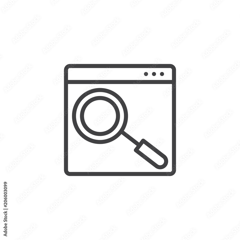 Search web page outline icon. linear style sign for mobile concept and web design. Browser with Magnifying glass simple line vector icon. Symbol, logo illustration. Pixel perfect vector graphics Search web page outline icon. linear style sign for mobile concept and web design. Browser with Magnifying glass simple line vector icon. Symbol, logo illustration. Pixel perfect vector graphics