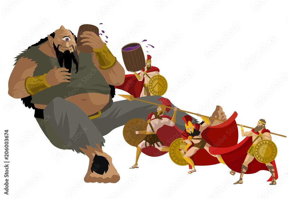 Odysseus and soldiers blinding polyphemus giant cyclops tale Stock
