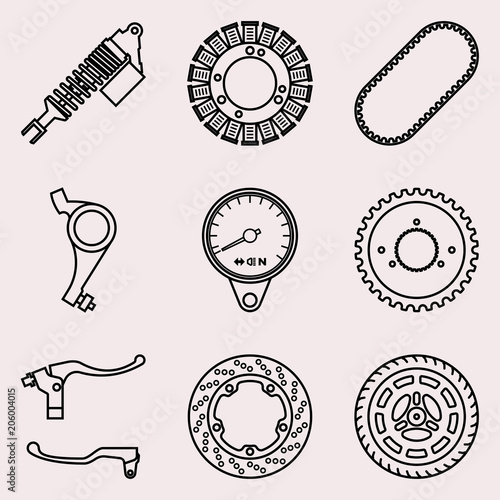 Set of various types of motorcycle parts. Vector thin line
