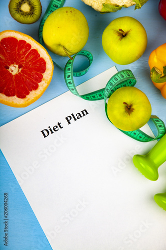 Food and sheet of paper with a diet plan