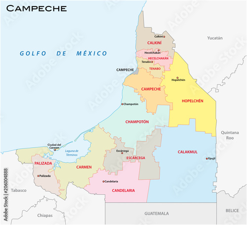 campeche, administrative and political vector map, mexico