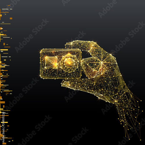 Action camera. Low poly wireframe illustration in gold style. Polygonal vector image in RGB color. Video blog concept.