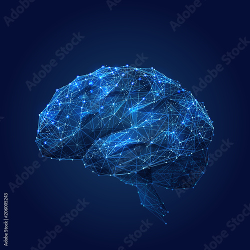 Abstract vector image of a human Brine . Low poly wire frame blue illustration on dark background. Lines and dots. RGB Color mode. Best idea concept. Polygonal art.