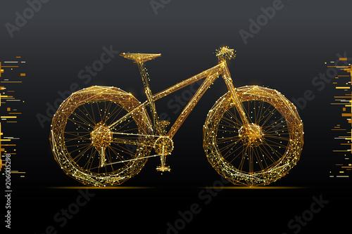 Bicycle. Low poly wireframe illustration of mountain bike in gold style. Polygonal vector image in RGB color. Video blog concept.