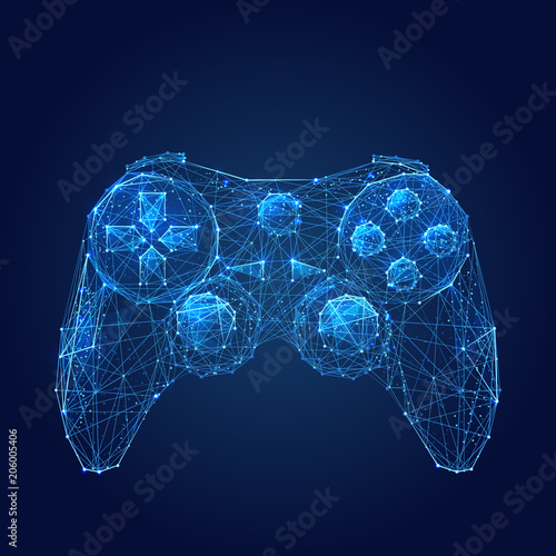 Abstract vector image of joystick for video games. Low poly wire frame illustration. Lines and dots. RGB Color mode. Computer games concept. Polygonal art.
