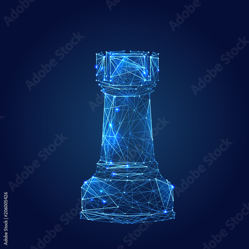 Abstract vector image of chess rook. Low poly wire frame illustration. Lines and dots. RGB Color mode. Chess game concept. Polygonal art.