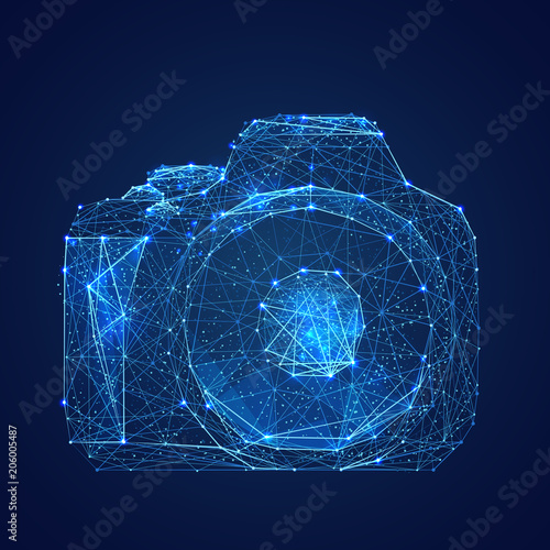 Abstract vector image of camera. Low poly wire frame illustration. Lines and dots. RGB Color mode. Photo concept. Polygonal art.