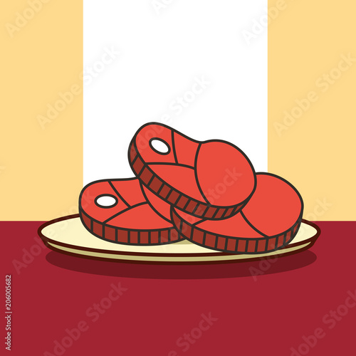 cuts pieces of meat on dish vector illustration