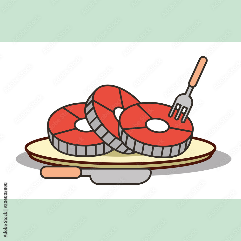 fresh portions of meat in dish with fork and knife vector illustration fresh portions of meat in dish with fork and knife vector illustration