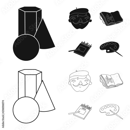 Geometric still life, a self-portrait of the artist, a notebook with drawings, a box of colored pencils.Artist and drawing set collection icons in black,outline style vector symbol stock illustration