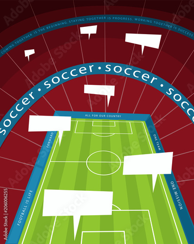 A huge soccer stadium with speech bubbles. View of whole football pitch from top seats in spectator area. Communication during gameplay concept. Cartoon style