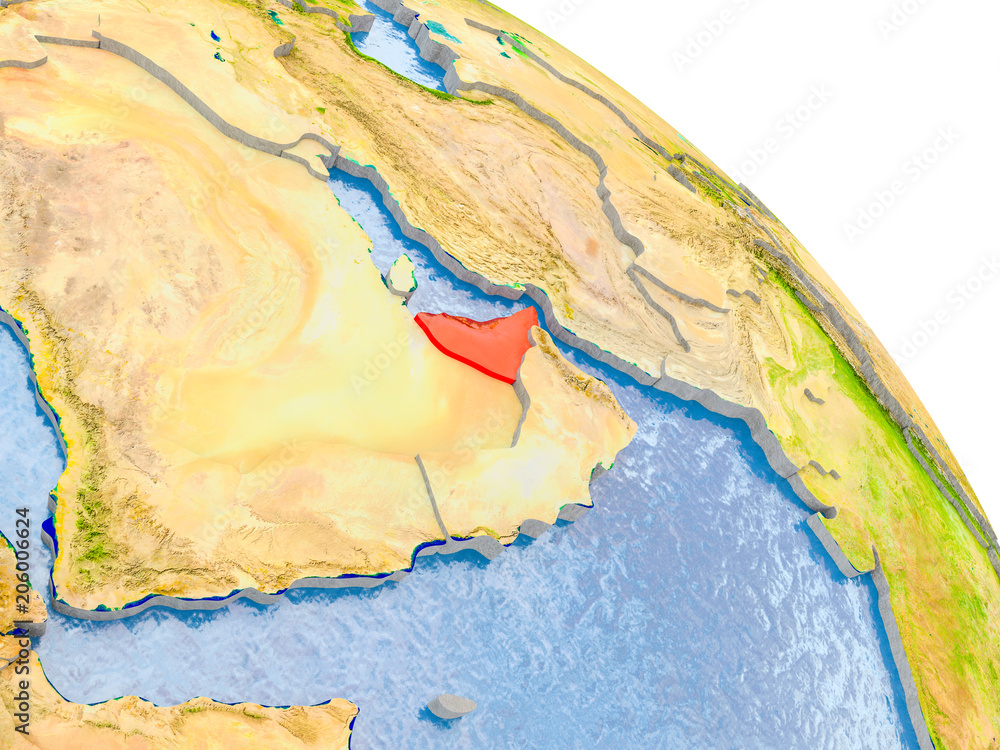 United Arab Emirates in red model of Earth