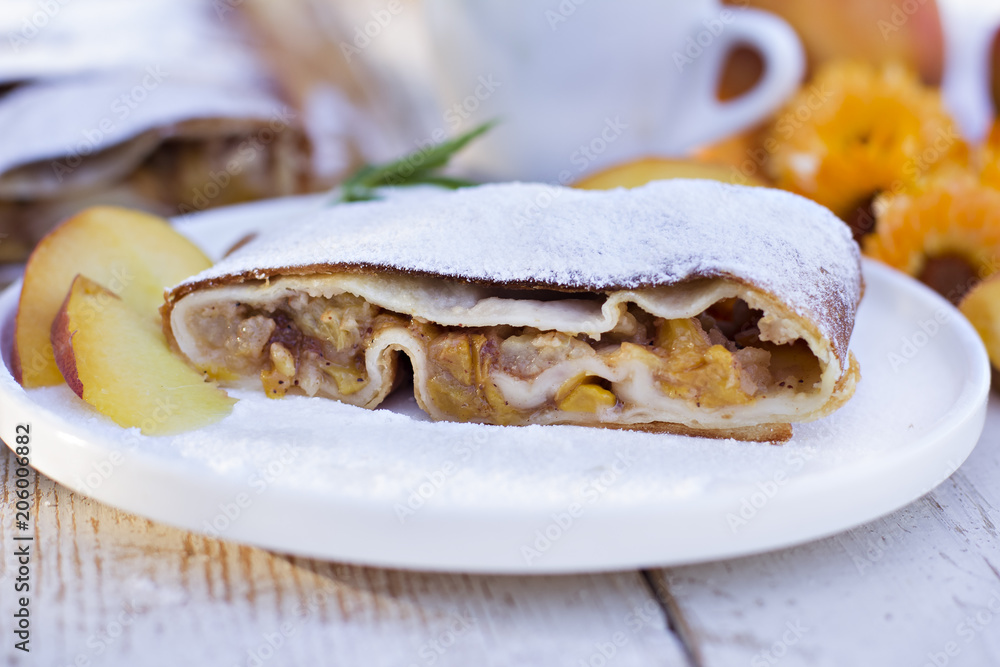 Strudel with peaches and apples