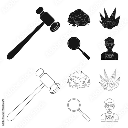 A jeweler hammer, a magnifier, a copper ore, a crystal. Precious minerals and a jeweler set collection icons in black,outline style vector symbol stock illustration web.