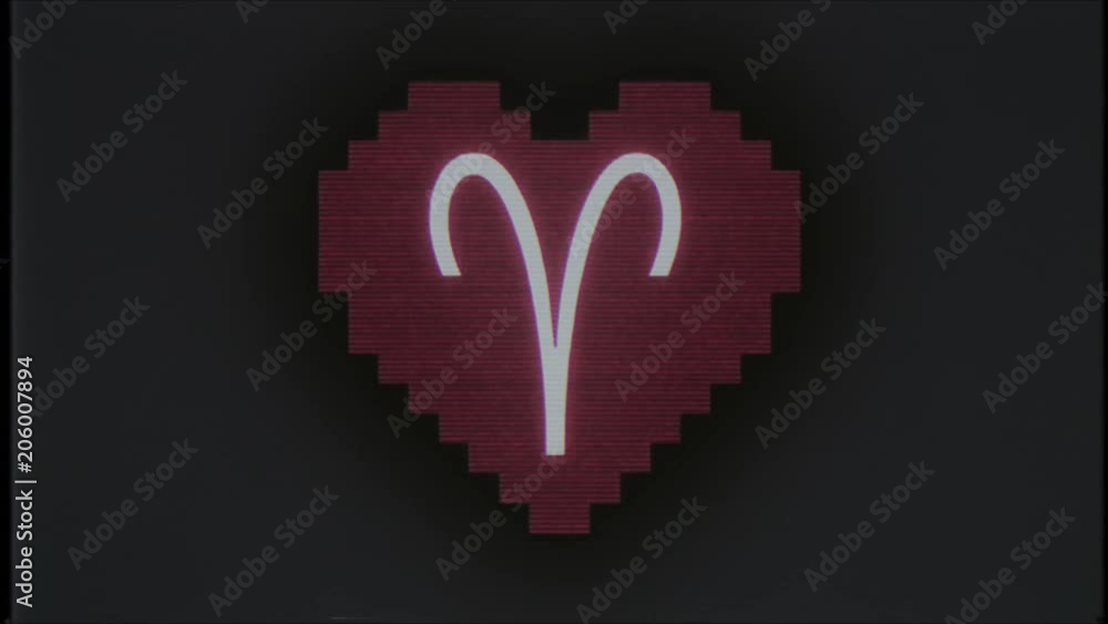 pixel heart with zodiac ARIES sign symbol glitch interference old tv ...