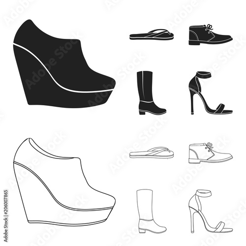 Autumn black shoes on a high platform, flip-flops green for relaxation, sandy men autumn shoes, high brown boots. Shoes set collection icons in black,outline style vector symbol stock illustration web