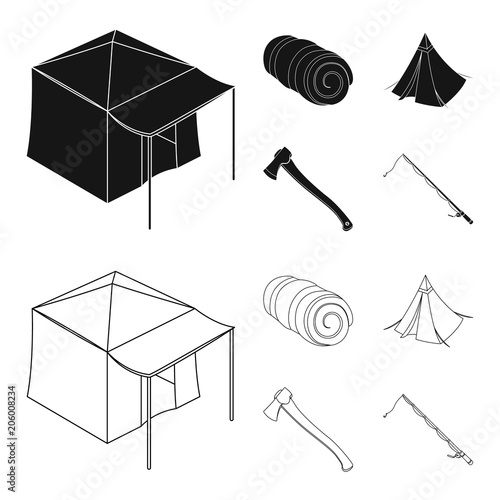 Tent with awning, ax and other accessories.Tent set collection icons in black,outline style vector symbol stock illustration web.