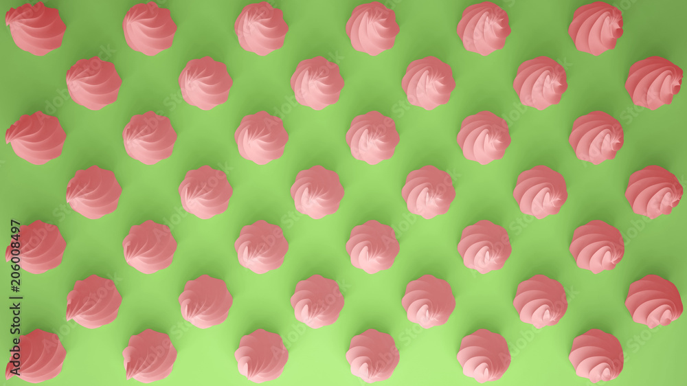 Flat colorful pop art composition with pink party cupcakes, bakery goodies, on green background, pattern texture copy space Flat colorful pop art composition with pink party cupcakes, bakery goodies, on green background, pattern texture copy space