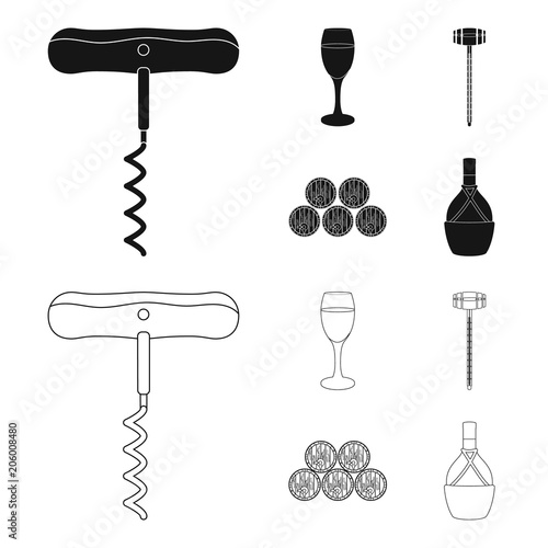 Corkscrew, alcohol counter, barrels in the vault, a glass of white wine. Wine production set collection icons in black,outline style vector symbol stock illustration web. photo