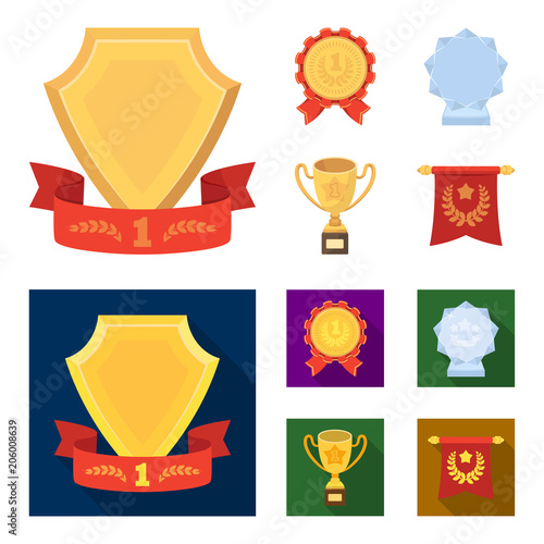 An Olympic medal for the first place, a crystal ball, a gold cup on a stand, a red pendant.Awards and trophies set collection icons in cartoon,flat style vector symbol stock illustration web.