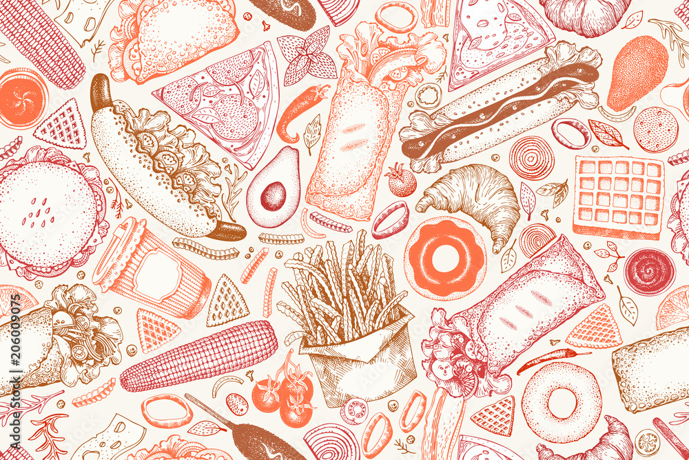 Fast food hand drawn vector seamless pattern. Street food background