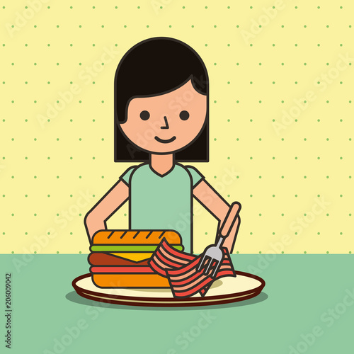 girl cartoon eating sandwich bacon on dish vector illustration