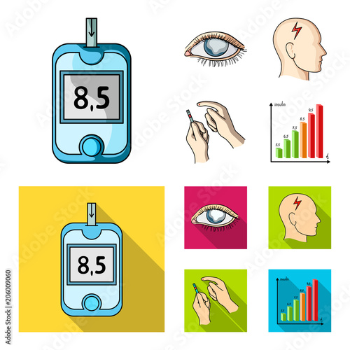 Poor vision, headache, glucose test, insulin dependence. Diabetic set collection icons in cartoon,flat style vector symbol stock illustration web.
