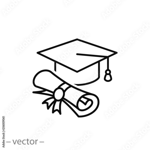 Graduation cap and diploma scroll, icon, line sign, vector illustration eps10