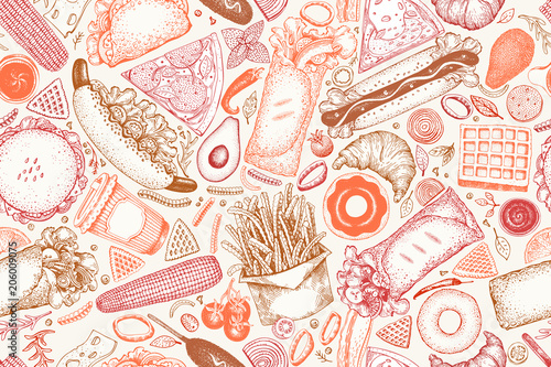 Fast food hand drawn vector seamless pattern. Street food background design template. Can be use for fast food restaurant or cafe menu or packaging design.